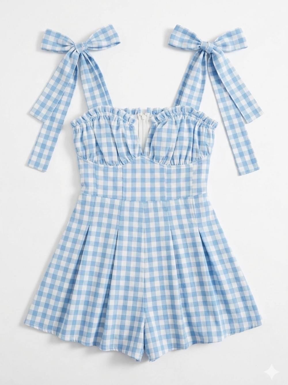 Luxxel Light Blue and White Gingham Tie-Shoulder One-Piece Romper
